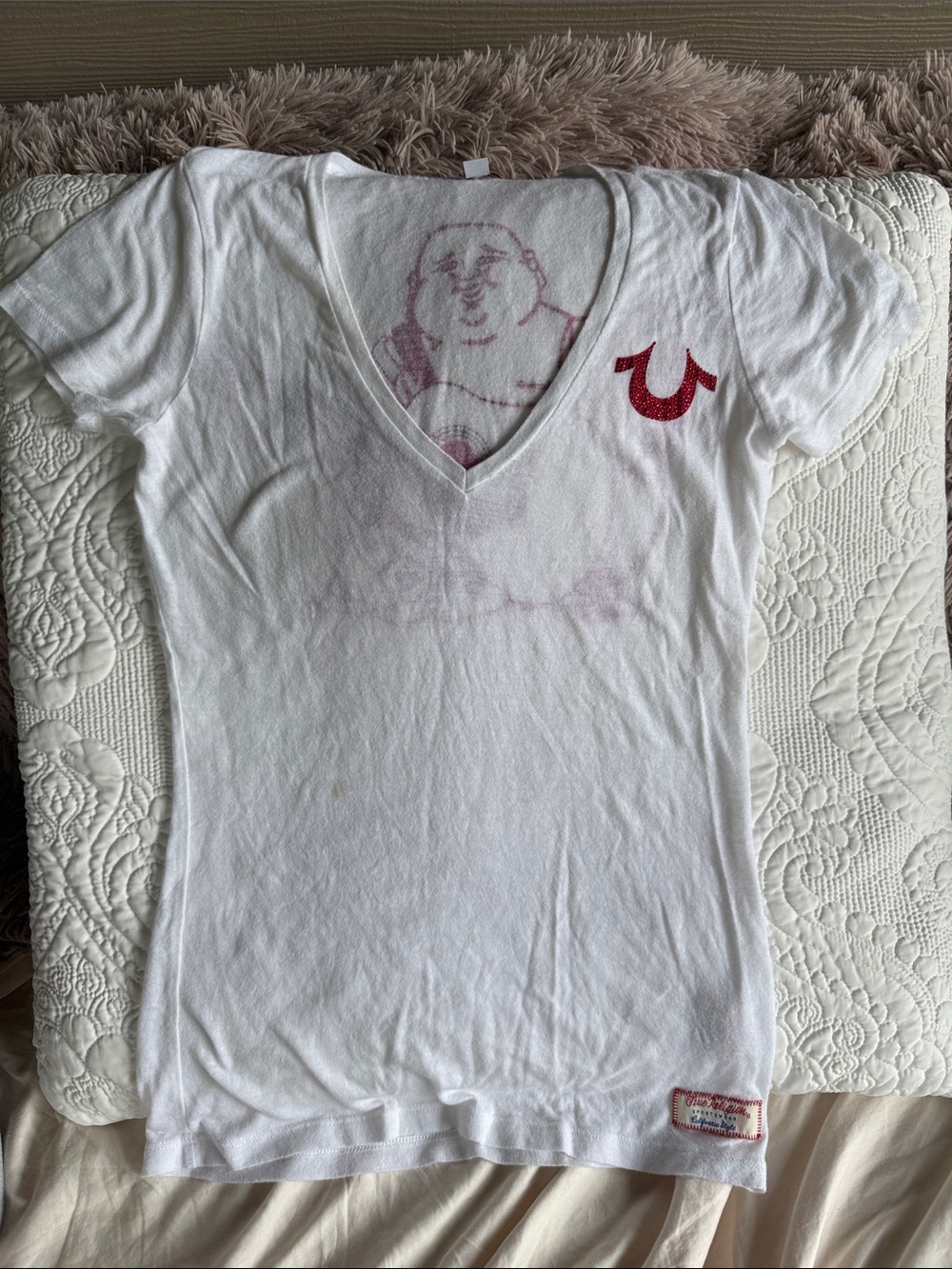 True Religion White V-Neck Tee with Red Horseshoe Rhinestones